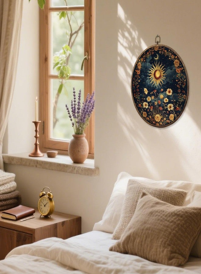 HUGANE Vintage Celestial Floral Sun Moon Round Wall Art Decor, Boho Mystical Dark Cottagecore Botanical Hanging Canvas Framed Prints Wall Sculptures for Home Bedroom Living Room Decor, 10x10 Inch - Image 3